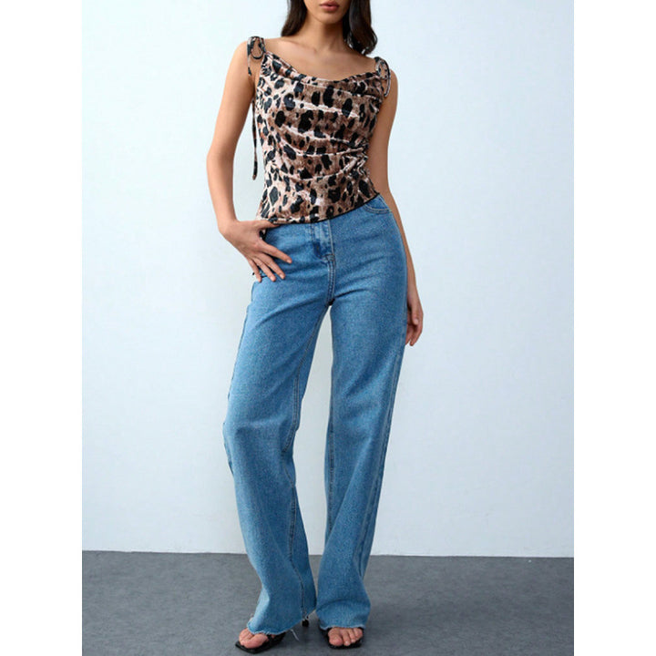 Dame Elegant leopardmønster spaghetti-top med rynket detalje Skovae