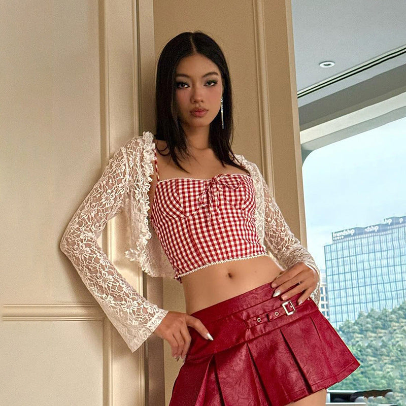 Dame Crop-top med flæse detaljer og ternet mønster Stilla