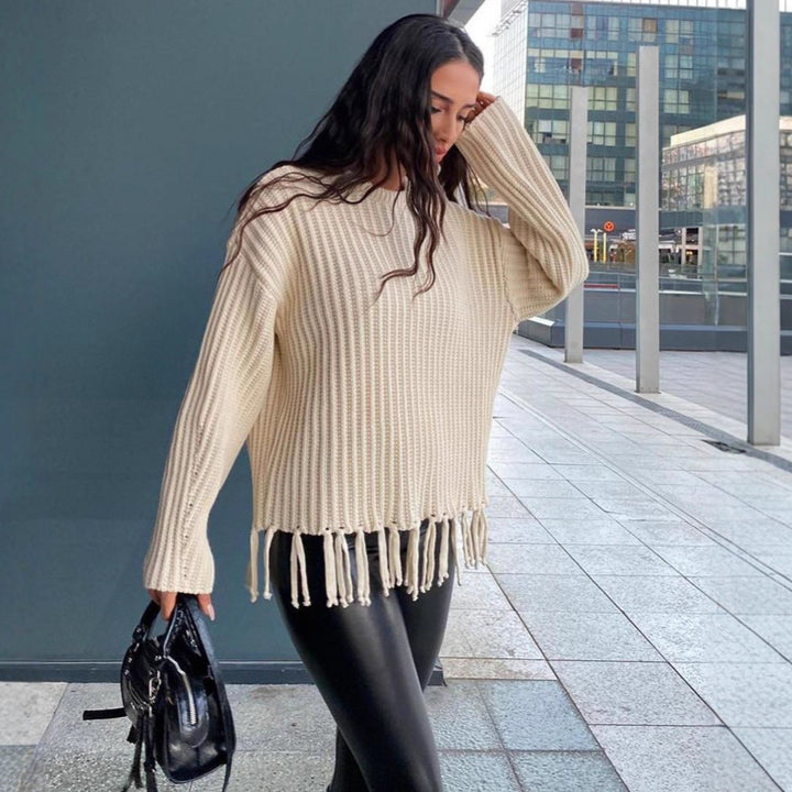 Kvinders casual strikket sweater med frynser og bred pasform Skovae