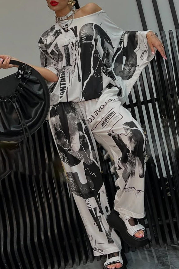 Dame nan to-delt løs satin fritids-sæt med off-shoulder flagermus-top og palazzo-bukser Skovae