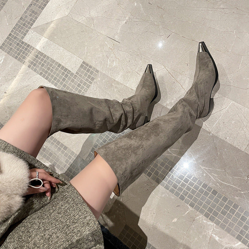 Femme Slouchy Over-knæ Stiletto-støvler med Metallic-Spidsudskæring-detalje Stilla