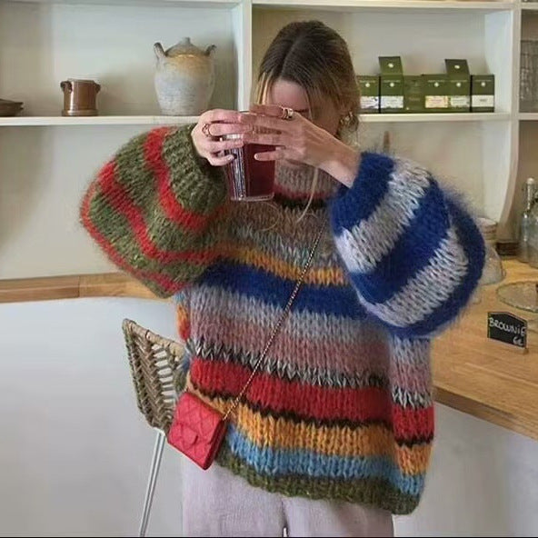 Kvinders luftige strikket sweater med farverigt stribemønster Stilla