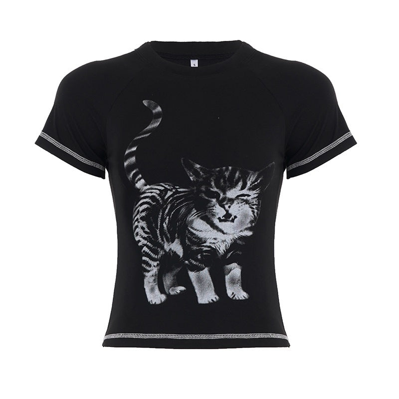 Dame T-shirt med kreativ kattemotiv Skovae