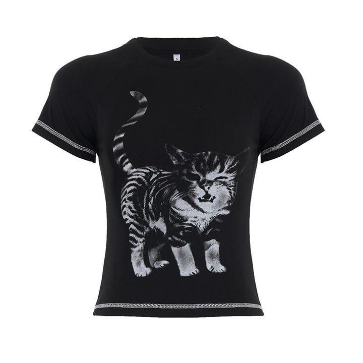 Dame T-shirt med kreativ kattemotiv Skovae