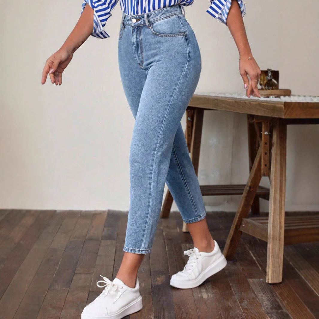 Dame High Waist Jeans i vintage-stil med smalt ben og elastisk talje Stilla