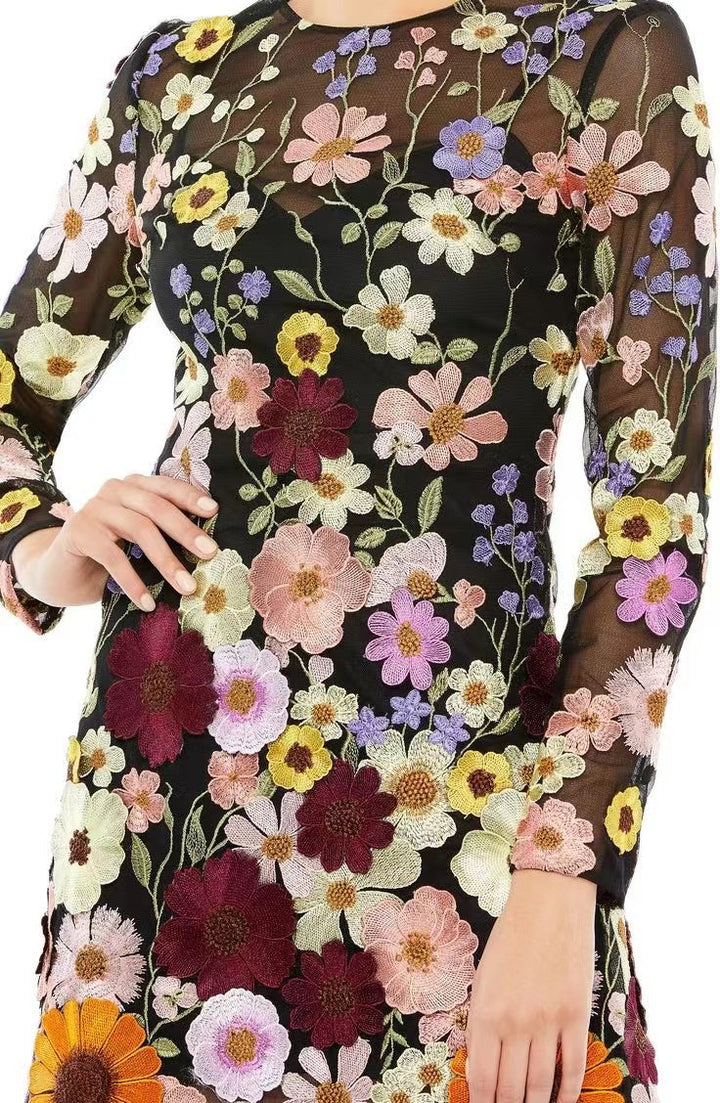 Dame Broderet Minikjole med florale Motiver og Lange Ærmer Stilla