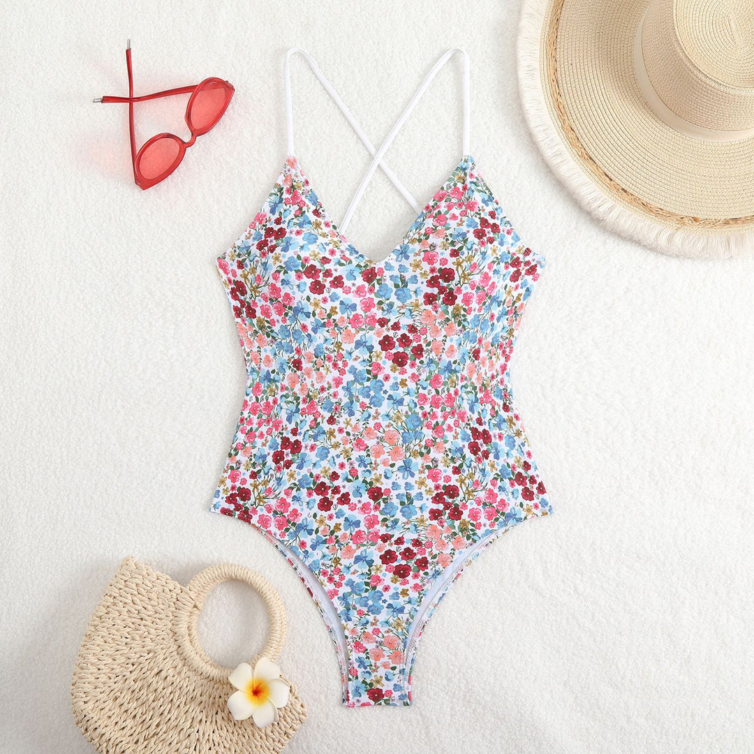 Femme Floral Print Heldragt Badedragt med Krydskuldre Stilla
