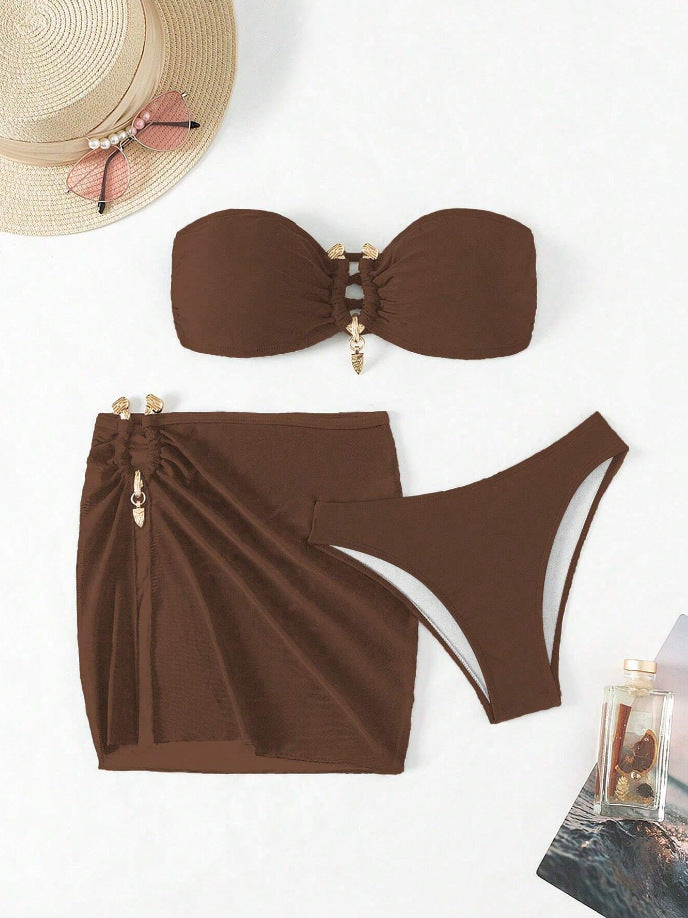 Dame Bandeau-bikini-sæt med elegant nederdel-overlay Skovae