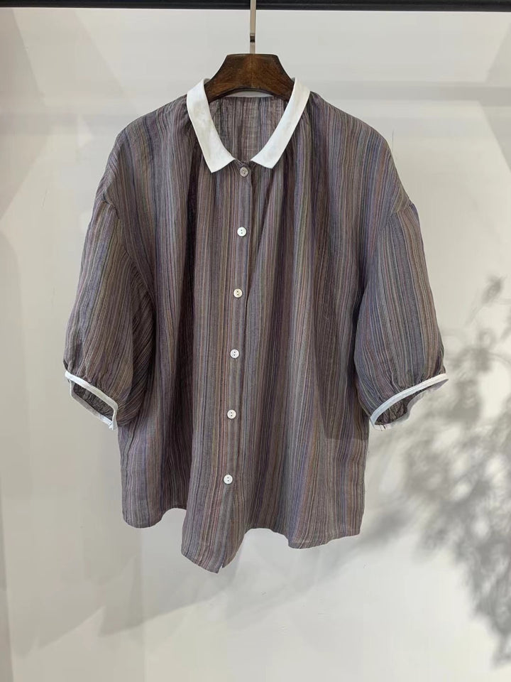 Dame Fritid Korte Ærmer Stribet Button-Up Skjorte Stilla