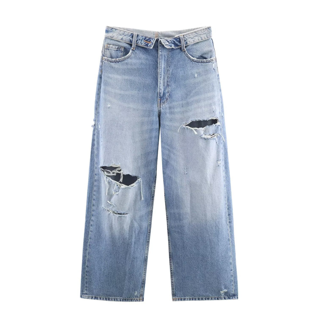 Dame højkvalitets Destroyed Jeans i en afslappet Baggy-stil med moderne accenter Skovae