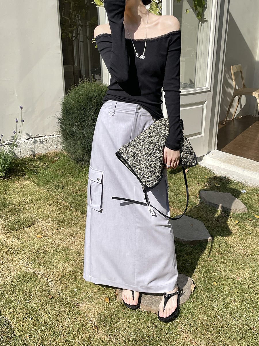 Dame Midi skirt med praktiske cargo-lommer og kvalitets bomuldsblanding Stilla