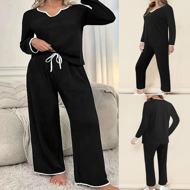 Dame fritids-loungewear-sæt med elegant V-udskæring og bredt ben Stilla