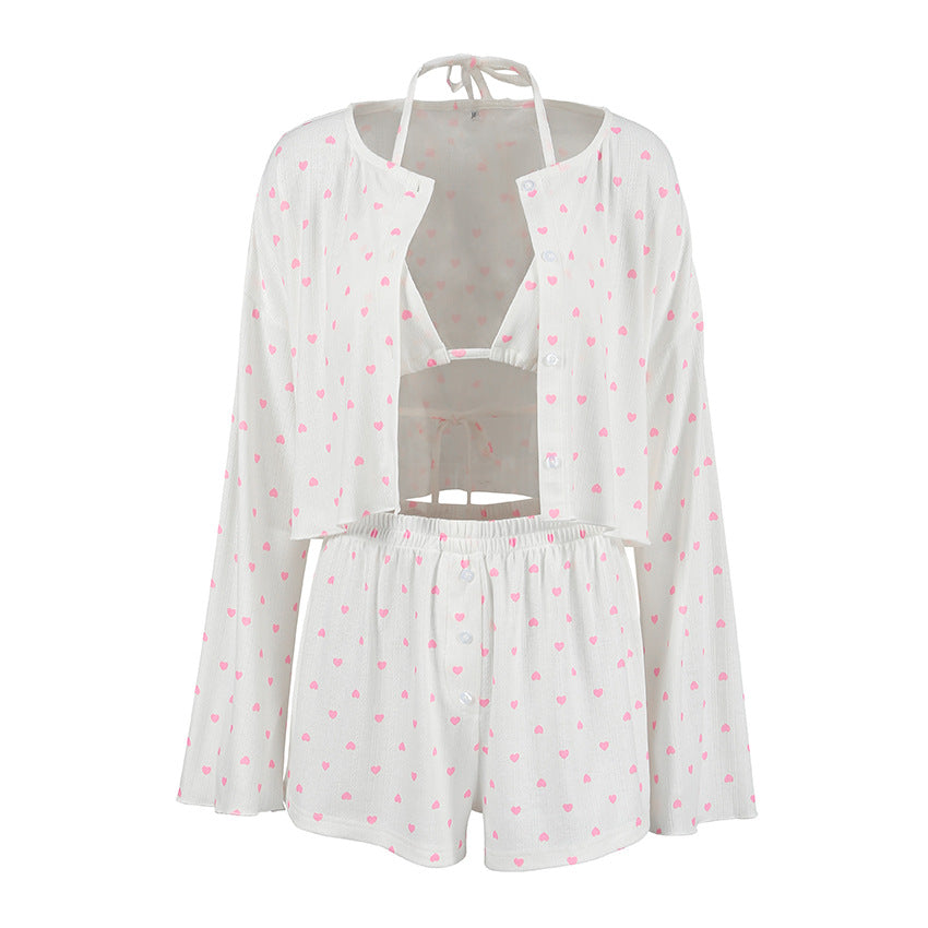 Dame Pyjama sæt med hjerteformet mønster og afslappet kimono overdel Stilla