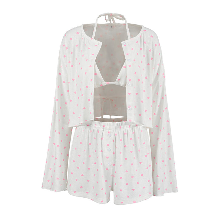 Dame Pyjama sæt med hjerteformet mønster og afslappet kimono overdel Stilla