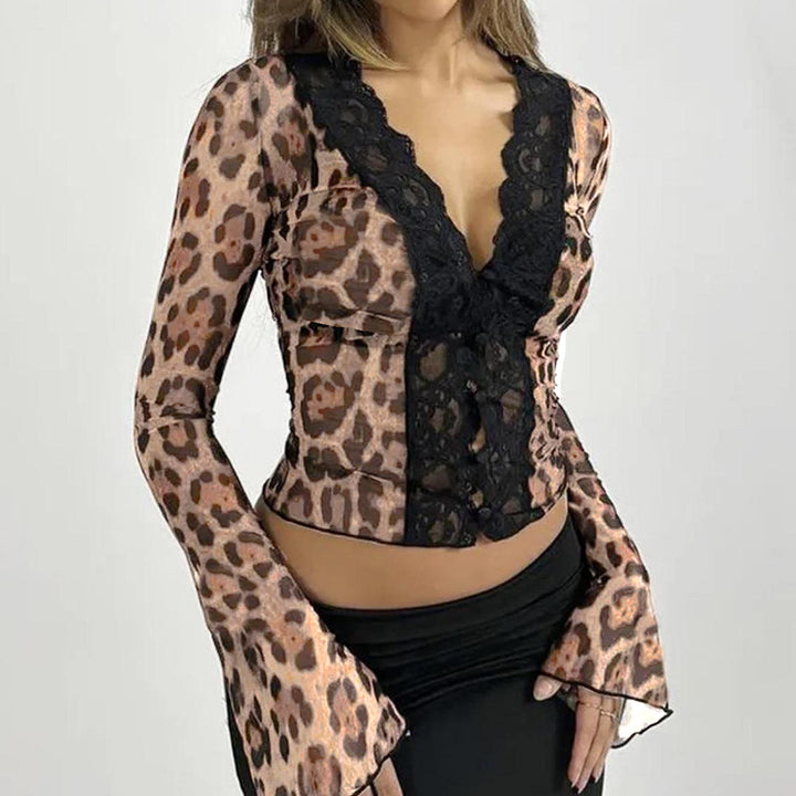 Damen Elegant geschnittenes Top mit animalischem Muster und Rüschendetails Skovae