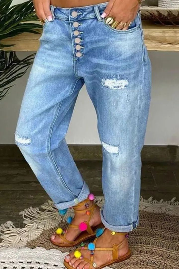Kvinders afslappede jeans med høje knapper og slidte detaljer Stilla