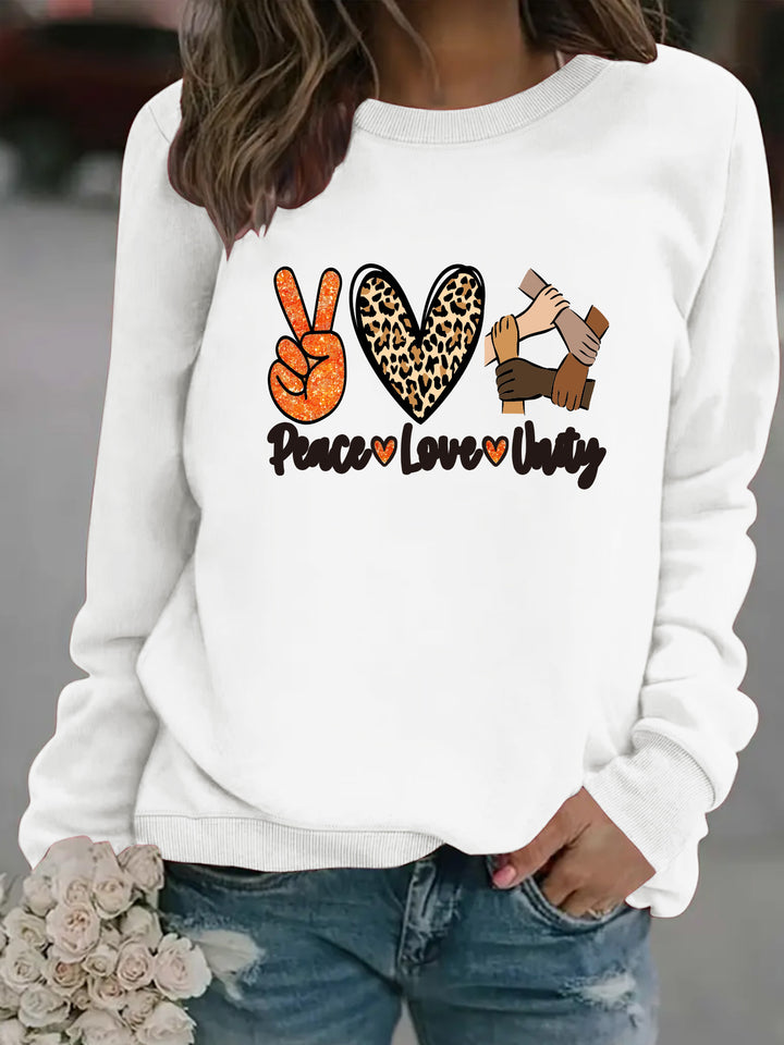 Kvinders sweatshirt med kreativt Peace, Love & Unity design Stilla