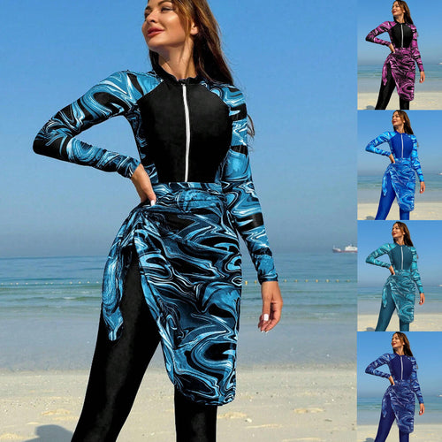 Dame Sporty Langærmet Badedragt med Integreret Wrap Skirt Skovae