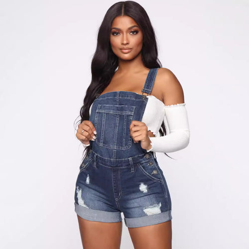 Dame Casual Jeans-Shorts med justerbare stropper og Used-Look Stilla