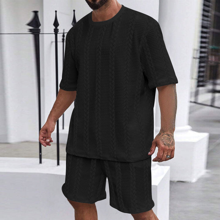 Herren nan afslappet fletningstrik fritids sæt med bred kortærmet t-shirt og elastiske Bermuda shorts
