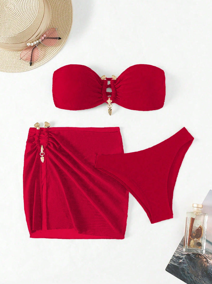 Dame Bandeau-bikini-sæt med elegant nederdel-overlay Skovae