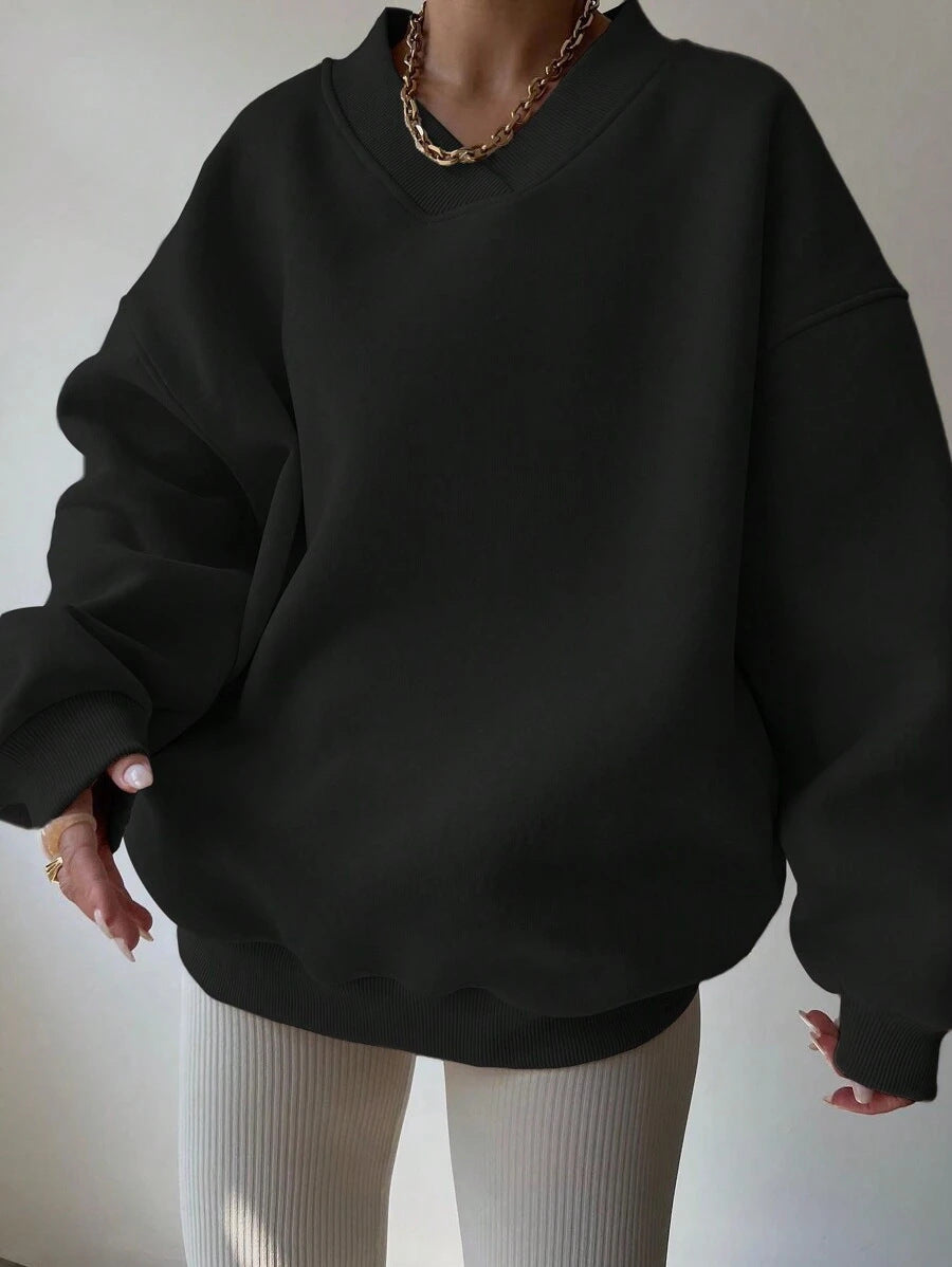 Kvinder Oversized Sweatshirt med V-hals og brede ærmekanter Skovae