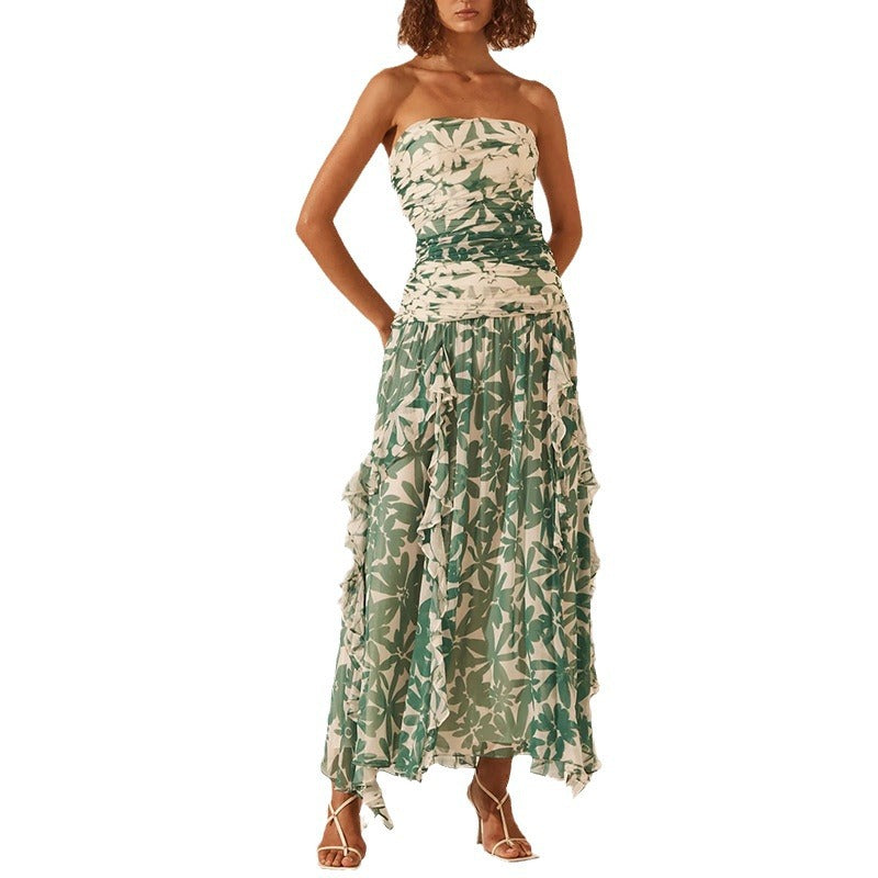 Kvindernes off-shoulder maxi kjole med flæsedetaljer og blomster mønster Skovae