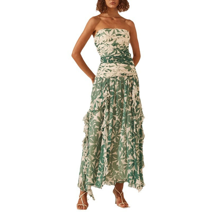 Kvindernes off-shoulder maxi kjole med flæsedetaljer og blomster mønster Skovae