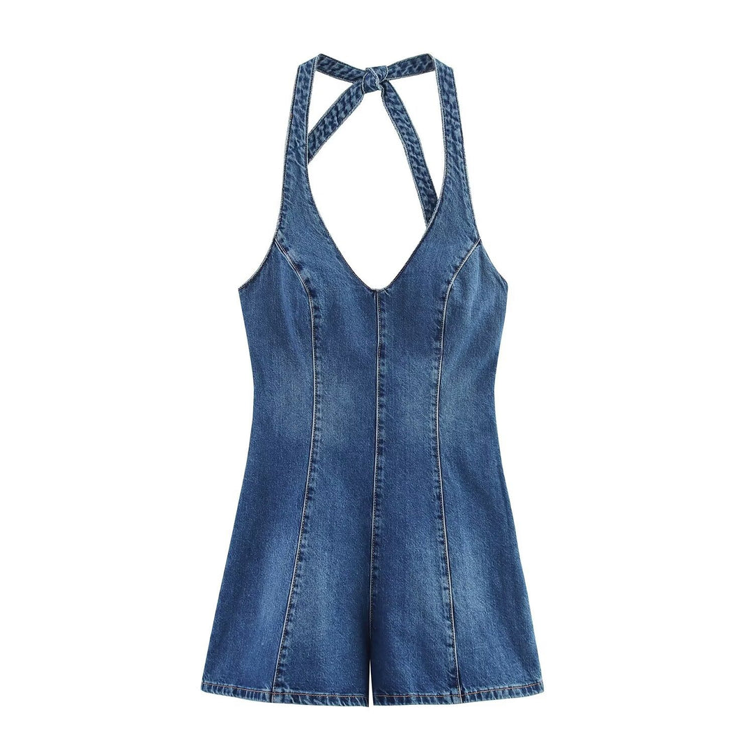 Dame jumpsuit i denim med krydsstropper Skovae