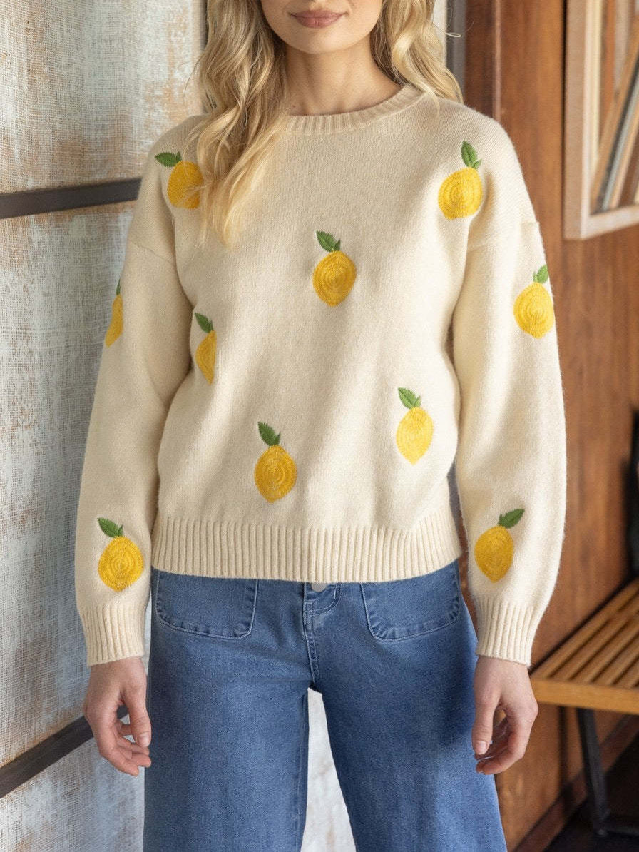 Dame strikpullover med frugtigt broderidesign Stilla