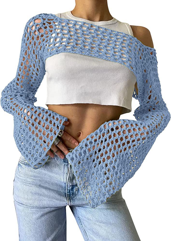 Dame hæklede langærmet top med off-shoulder design Skovae