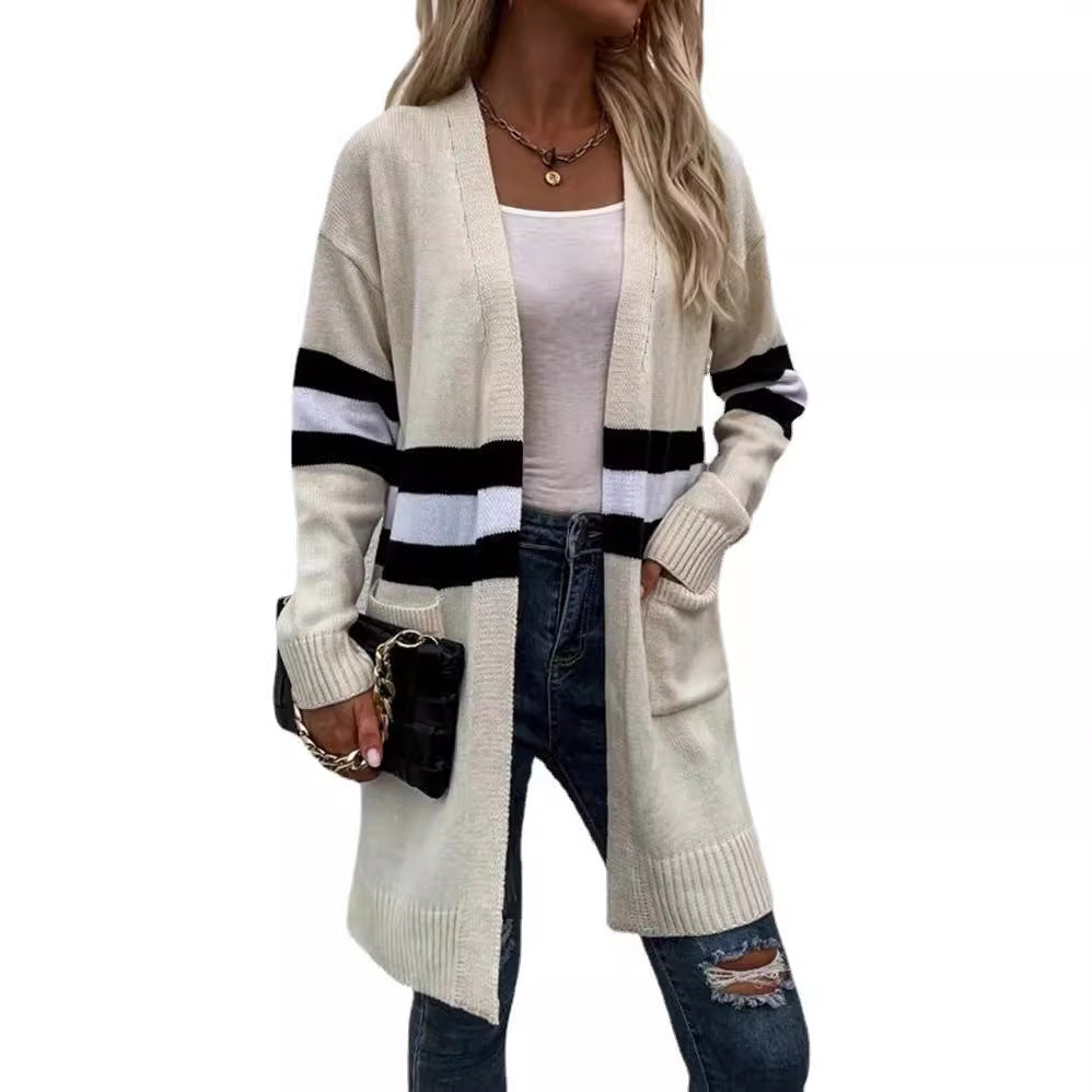 Kvinders chunky strikket cardigan med afslappede striber og dybe lommer Stilla