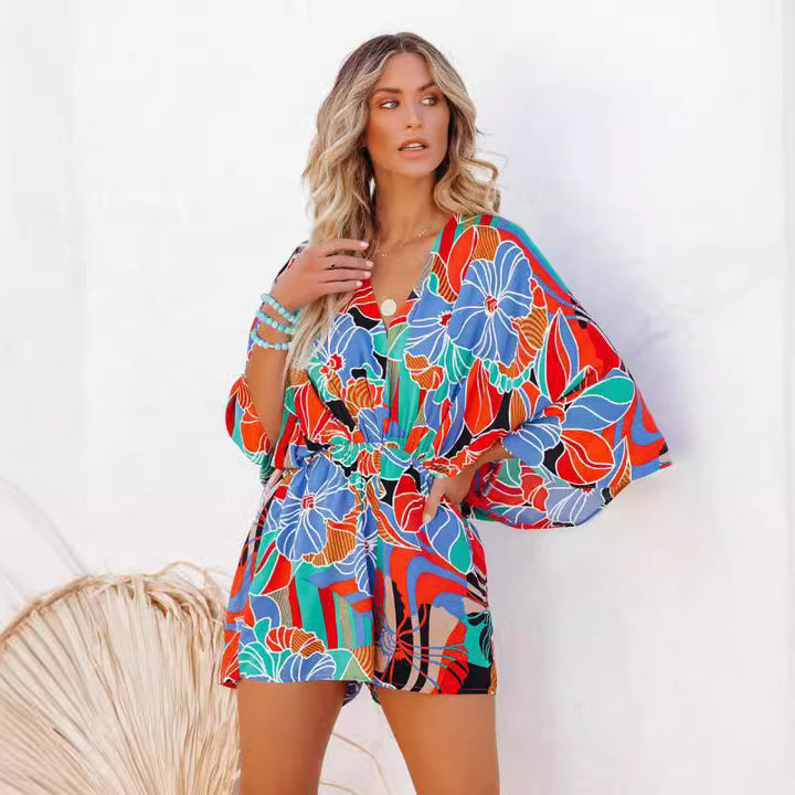Dame Kimono-stil Strandkjole med floralt design og taljeindskæring Stilla
