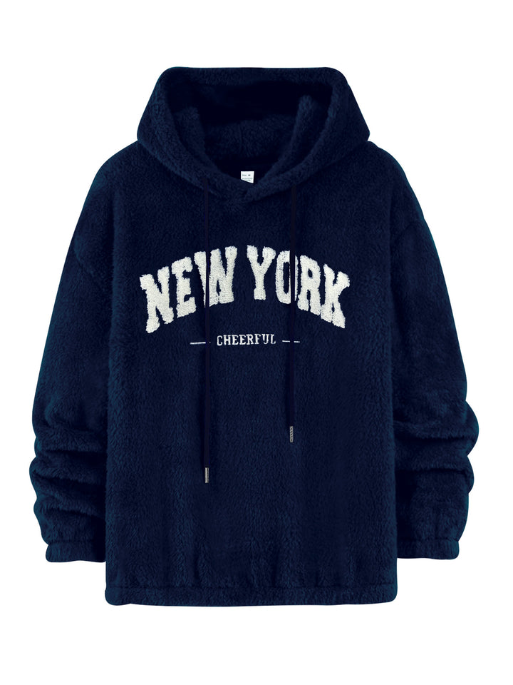 Unisex nan hyggelig fleece-hættetrøje med chenille-logo, hætte og elastisk bund Skovae