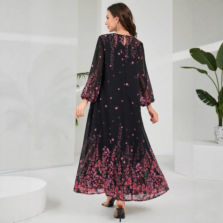 Dame maxikjole med blomster chiffon design og voluminøse ærmer Stilla