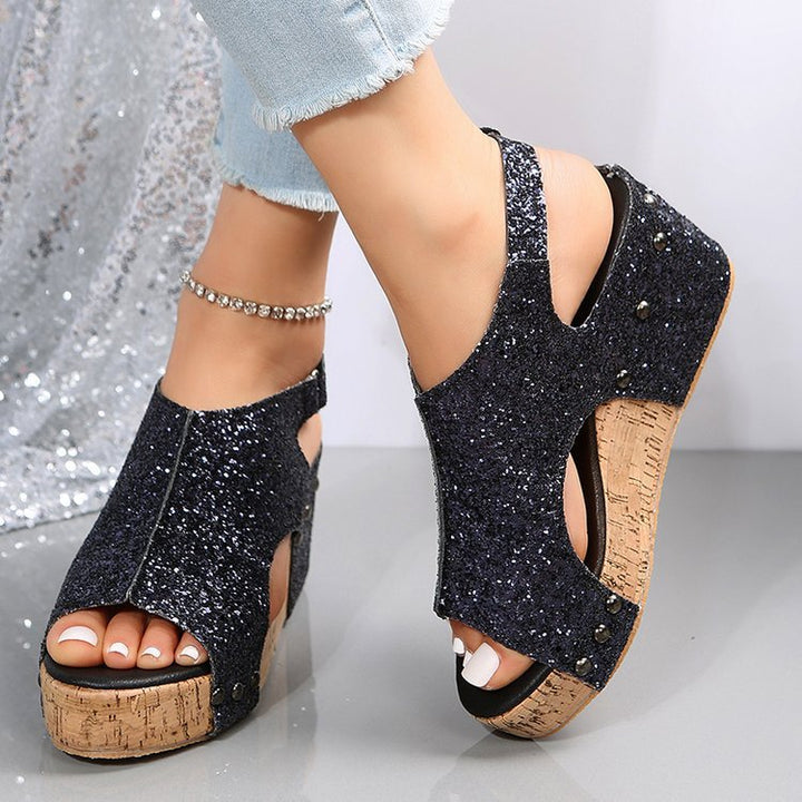Dame Wedge-Pantoletten med glimrende glimmermateriale og anatomisk fodseng Stilla