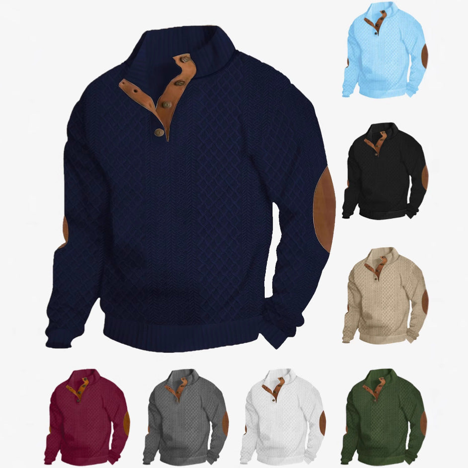 Herre nan Grobstrikket Pullover med ærmelapper, høj krave og knaplukning Skovae