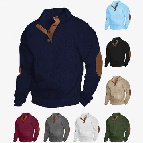 Herre nan Grobstrikket Pullover med ærmelapper, høj krave og knaplukning Skovae