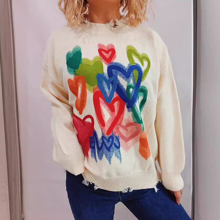 Kvinders cozy sweater med farverigt hjerte design Stilla