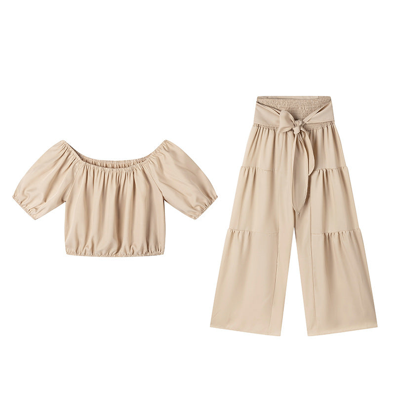Dame stilfuld off-shoulder crop top og bred bukser sæt Stilla