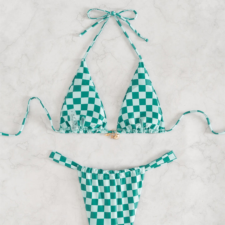 Dame triangel-bikini med moderne ternet design og justerbare bånd Skovae