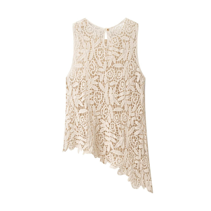 Dame spids blouse med asymmetrisk kant og florale mønstre Skovae