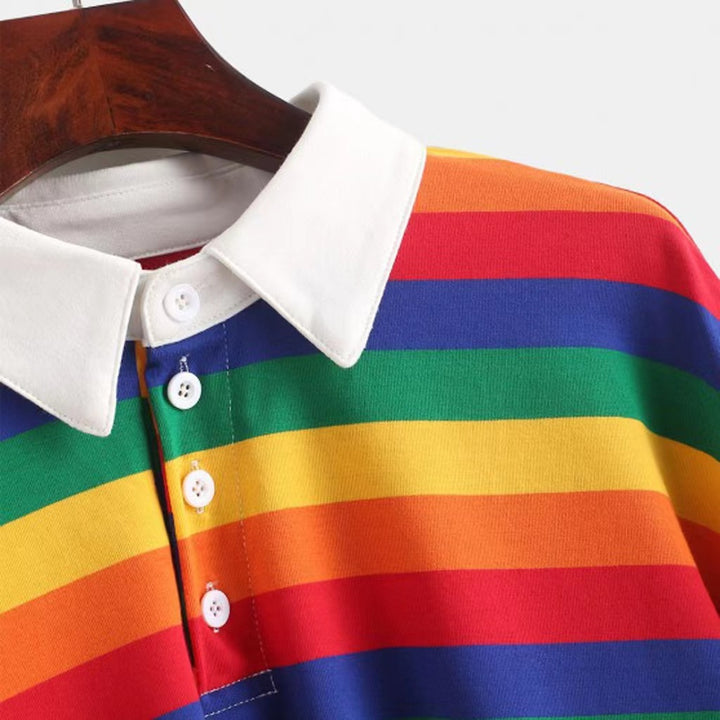 Kvinder Cropped Polo T-shirt med Farverige Striber og Løs Pasform Skovae