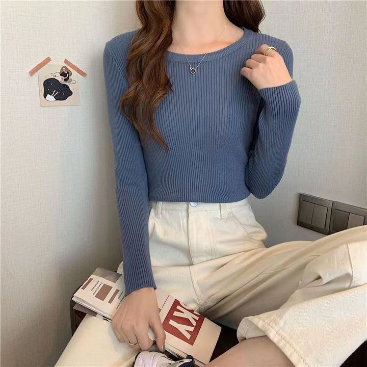 Dame Figurtilpasset Ribstrikket Sweater med Rund Hals