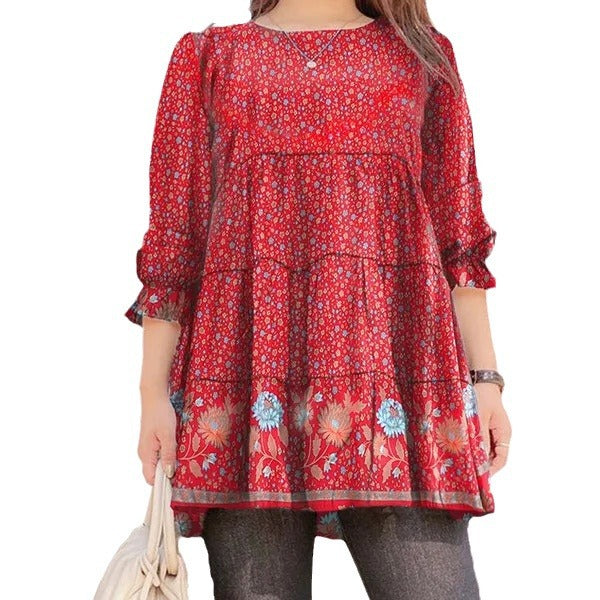 Dame tunika-shirt med blomsterdesign og elastiske ærmer Stilla