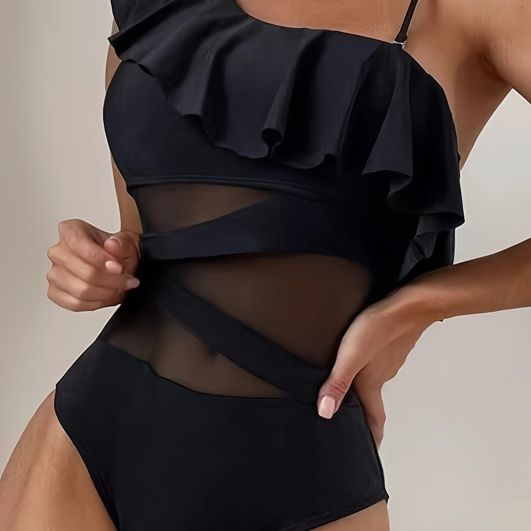 Dame one-piece badesuit med asymmetrisk ruffles design og elegante cut-out detaljer Skovae