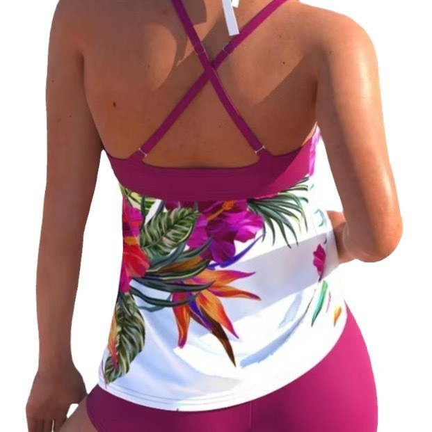 Dame Sport Tankini-Sæt med blomsterdesign og stribede shorts Stilla