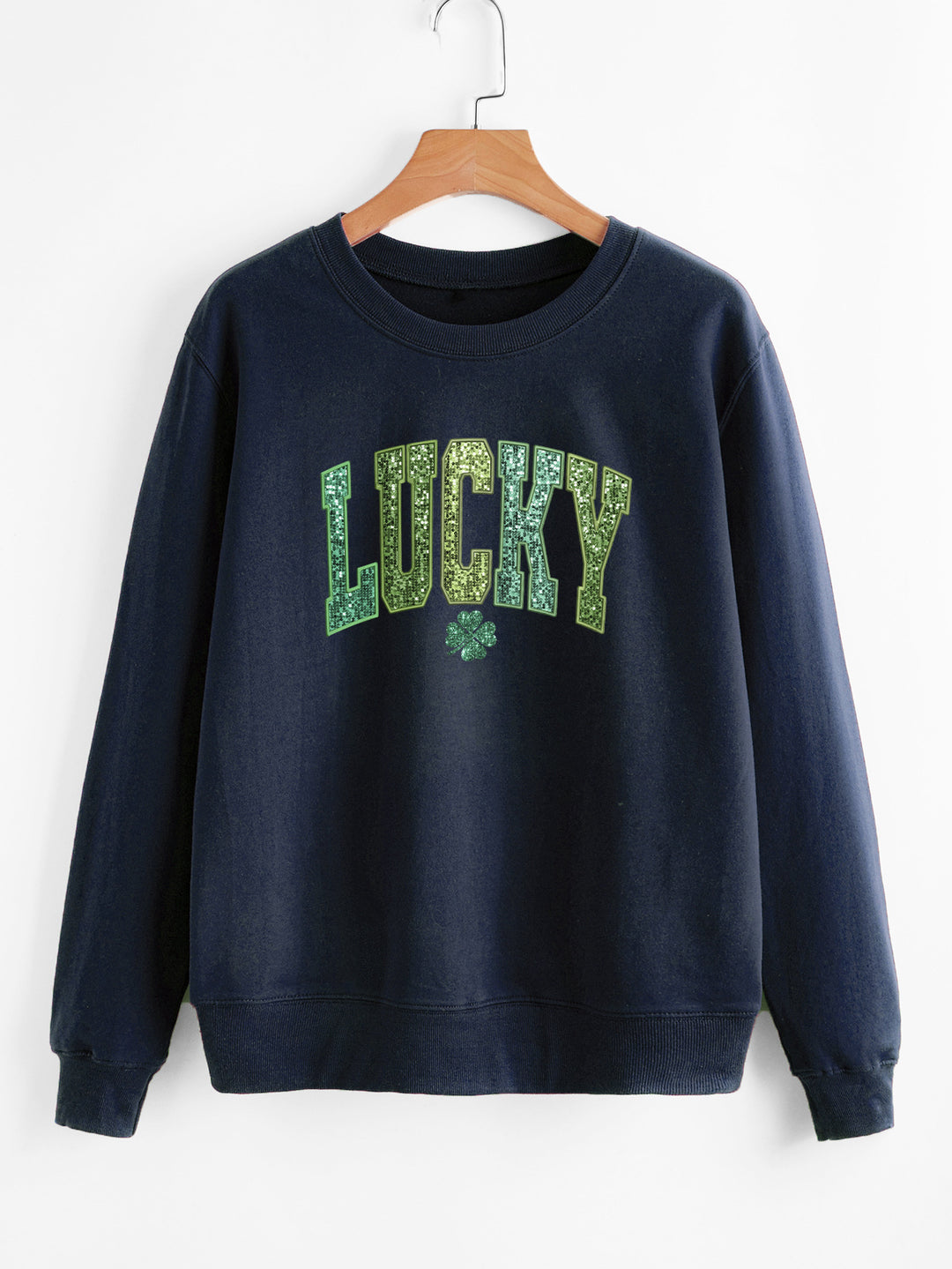 Dame casual sweatshirt med glitrende skrift og kløver motiv Stilla