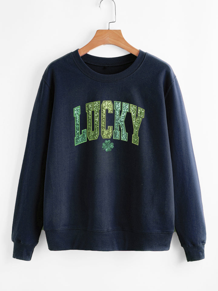 Dame casual sweatshirt med glitrende skrift og kløver motiv Stilla