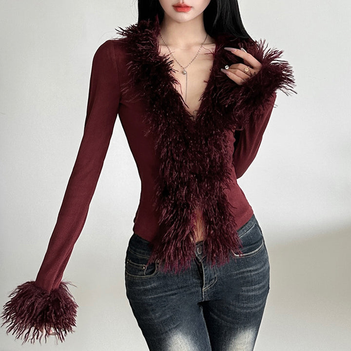 Dame moderigtig langærmet pullover med iøjnefaldende kunstpelsbesætning Stilla